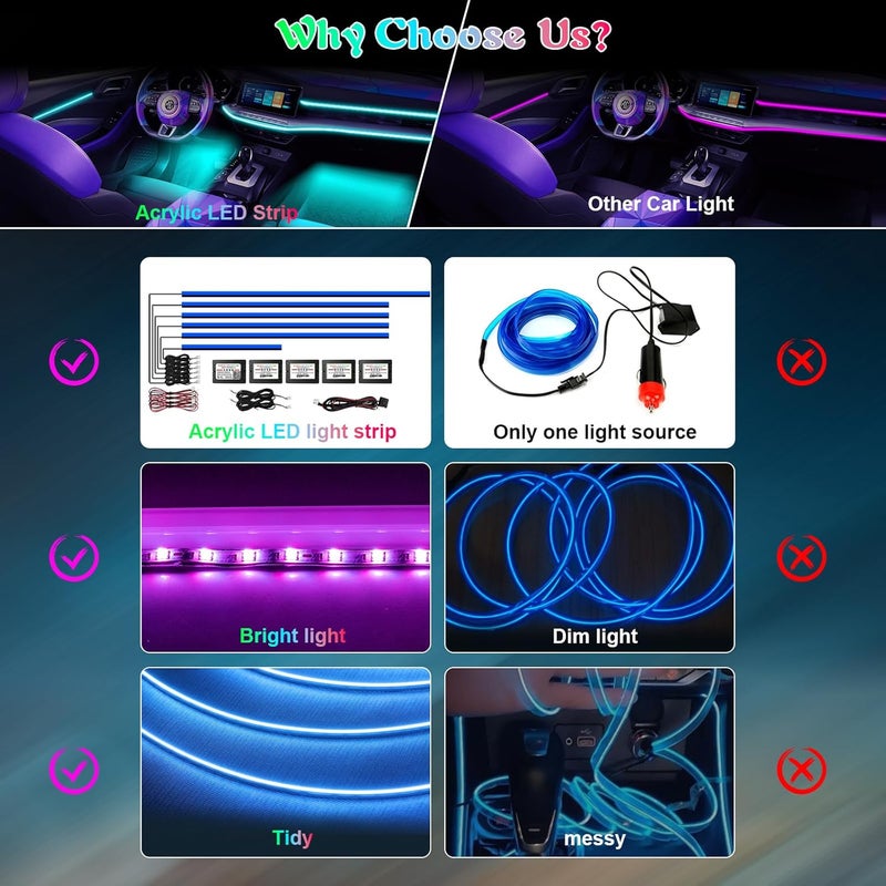 Amki شريط إضاءة LED داخلي للسيارة من الأكريليك مع تطبيق لاسلكي، RGB 6 في 1 وطول 175 بوصة و593 LED، مجموعة إضاءة محيطية للسيارة مع وظيفة نشطة للصوت ومزامنة الموسيقى لشريط LED لملحقات السيارة - Image 3